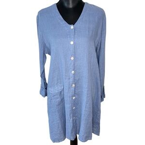 Flax Dress Linen Shirt Midi Lagenlook Minimalist Button Front Blue Size Medium